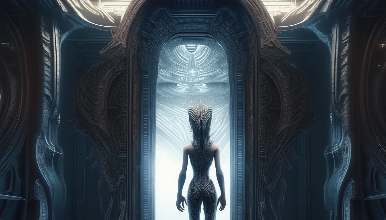 The beautiful Arcturian alien Goddess entering through the huge doors of an alien temple, super intricate details, 4K quality, H R Giger color palette, dark sci-fi fantasy style