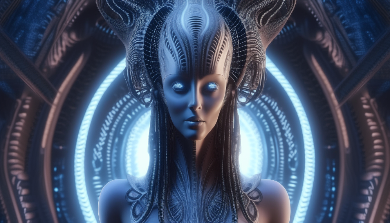 The beautiful Arcturian alien Goddess inside an alien temple with swirling hypnotic lights of power wooshing around, super intricate details, 4K quality, H R Giger style, dark sci-fi fantasy