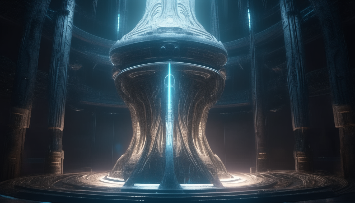 A huge alien teleportation device in the centre of an alien temple, with its mechanical holographic parts flashing and spinning, as the power beam shoots upwards, super intricate details, 4K quality, H R Giger style, dark sci-fi fantasy