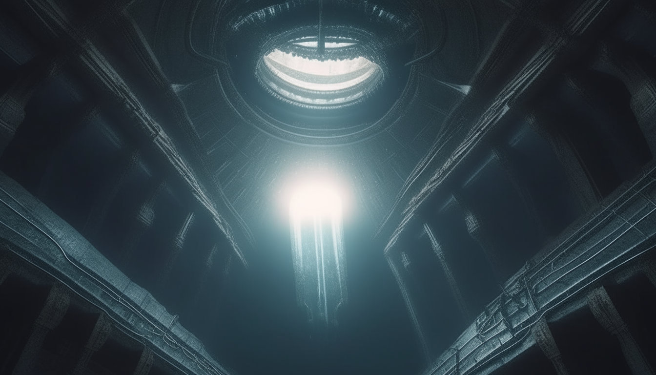 The teleportation power beam shooting upwards through an opening in the ceiling of an alien temple, super intricate details, 4K quality, H R Giger style, dark sci-fi fantasy