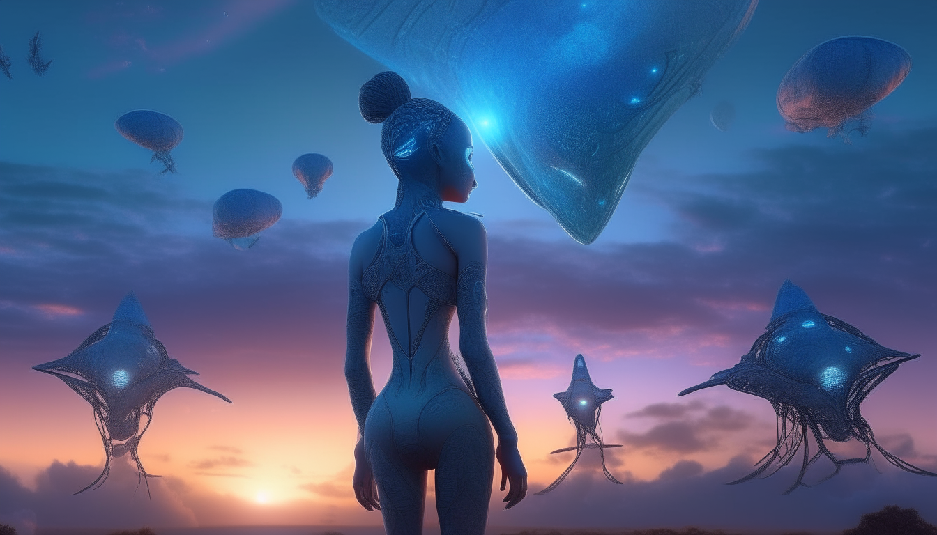 The beautiful blue Arcturian alien Goddess looking in wonder at holographic butterflies fluttering around her, on an alien planet's landscape stretching into the distance, little fluffy clouds in the sunset sky, super intricate details, 4K quality, dark sci-fi fantasy style