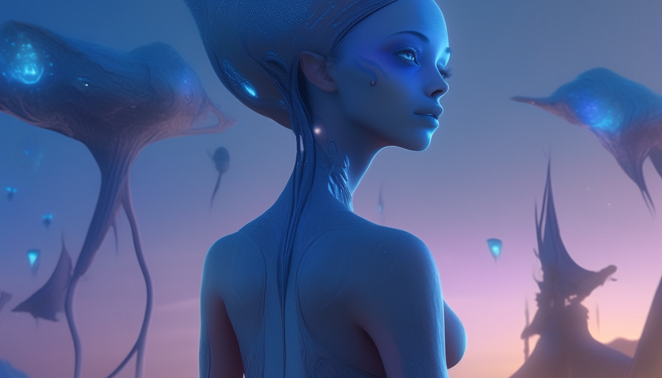 The beautiful blue alien goddess with an elongated head, large almond shaped eyes, and intricate alien clothing, looking in wonder at holographic butterflies fluttering around her on an alien planet landscape, super intricate details, 4K quality, dark sci-fi fantasy style