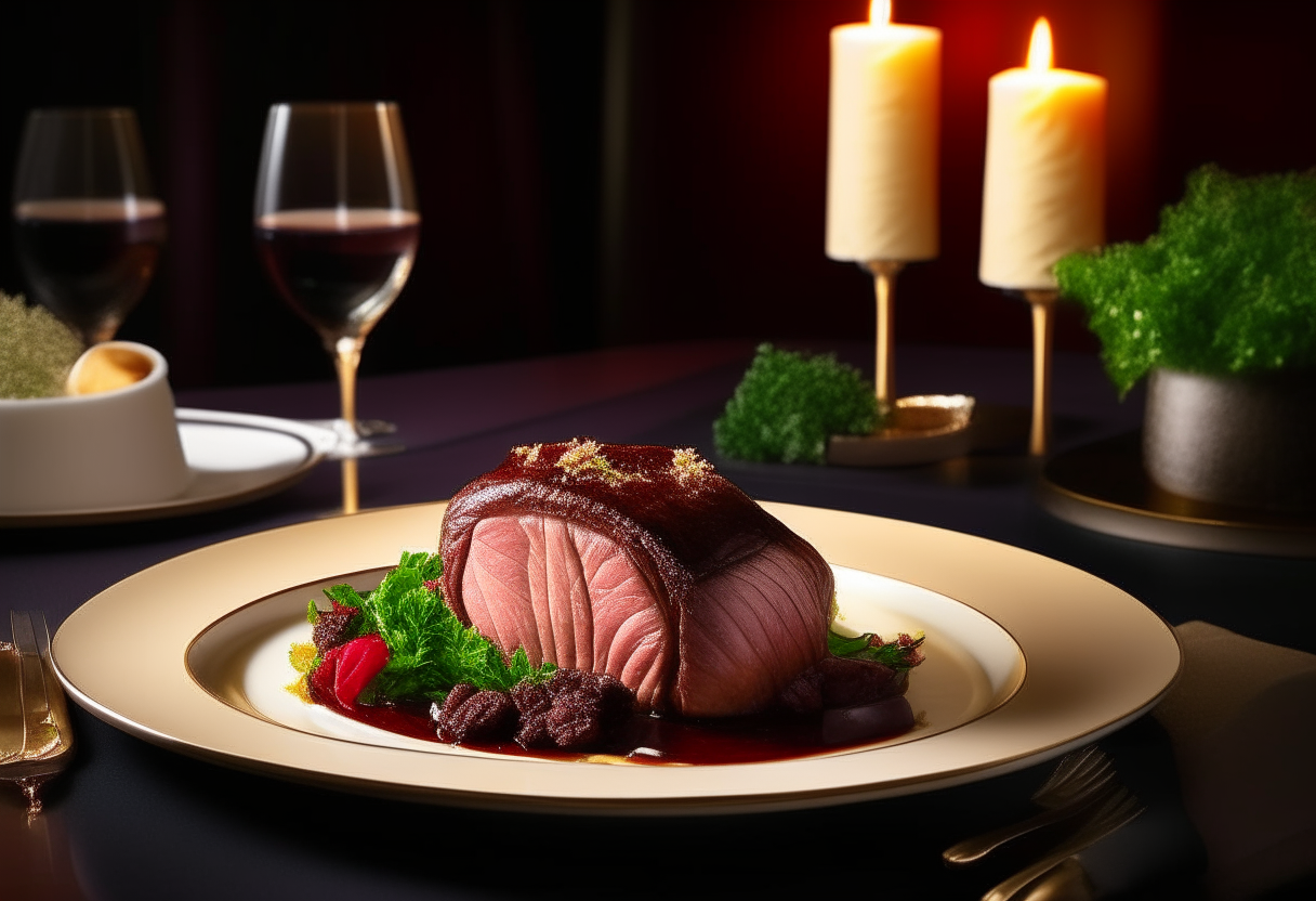 A meticulously set dining table sits under soft ambient lighting, creating a warm and inviting atmosphere. The focal point is a golden, flaky Beef Wellington with a visible, luscious red wine reduction drizzled over, situated on a porcelain serving platter. The dish is garnished with fresh herbs.