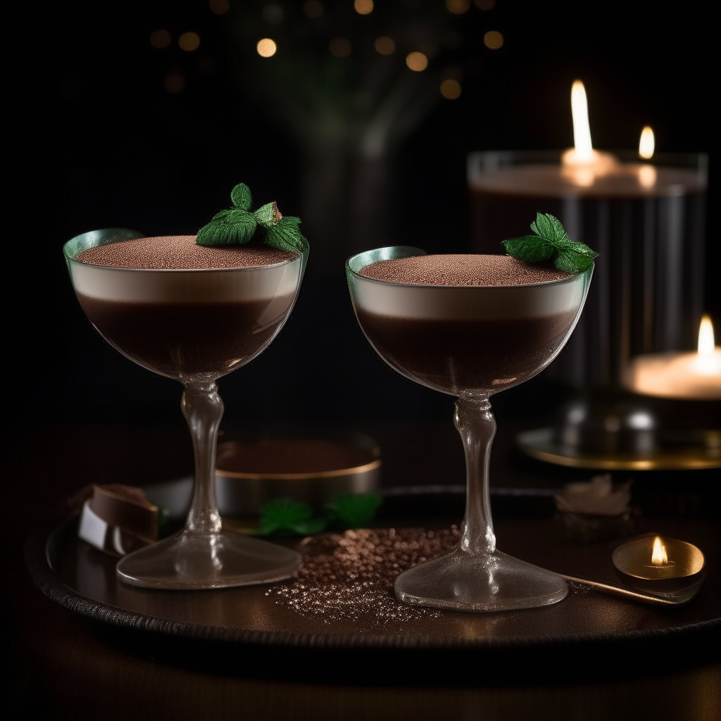 An elegant setup with two sparkling martini glasses filled with creamy, velvety chocolate mousse. Each glass is garnished with a delicate mint leaf and a dusting of cocoa powder, placed on a sleek, dark wooden table with dim, romantic lighting in the background.