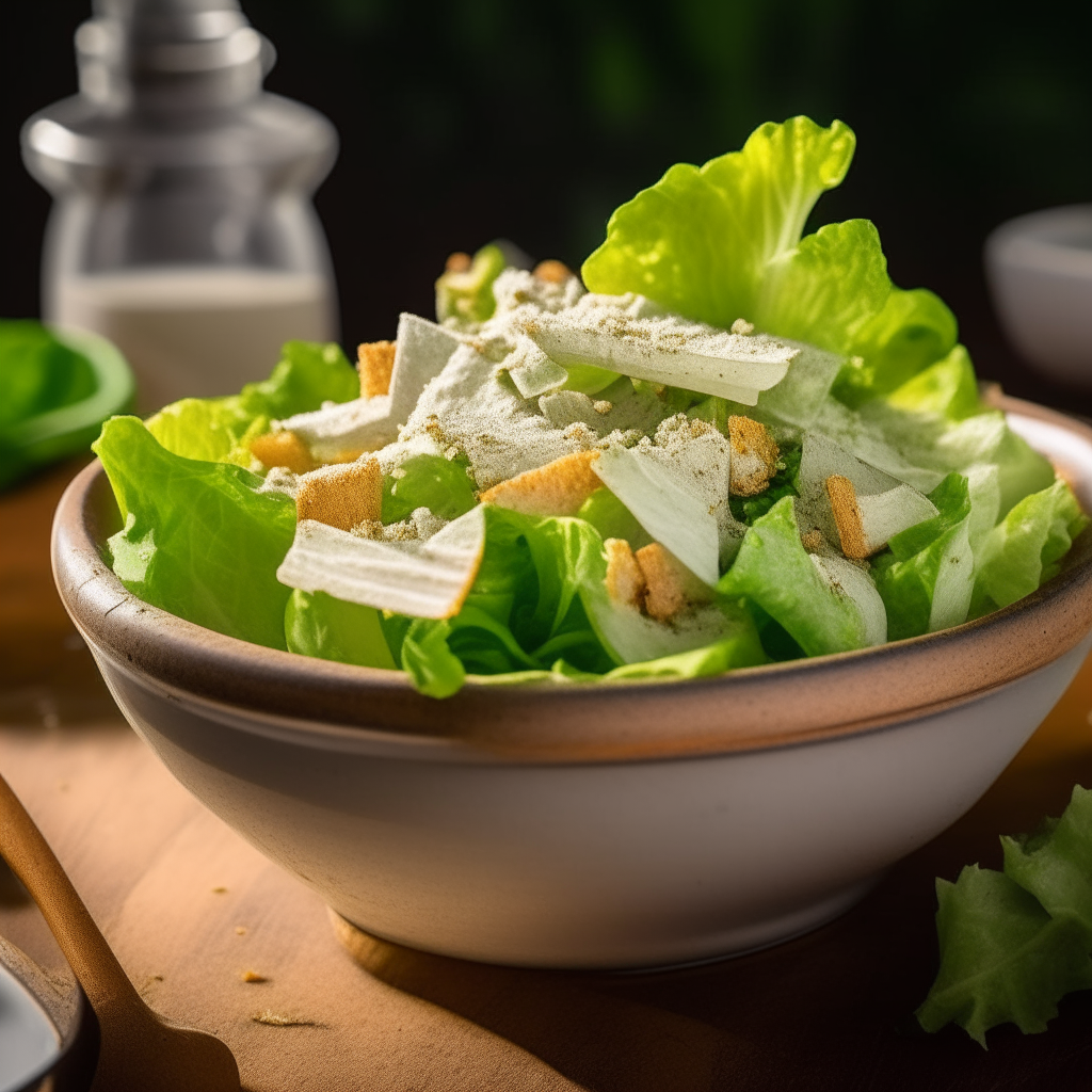 A vibrant image showcasing a large, crystal-clear bowl filled with fresh, crispy Romaine lettuce, generously drizzled with creamy Caesar dressing. The salad is topped with golden, crunchy homemade croutons, and finely grated Parmesan cheese, all arranged on a rustic wooden table with a cheerful, sunlit background.