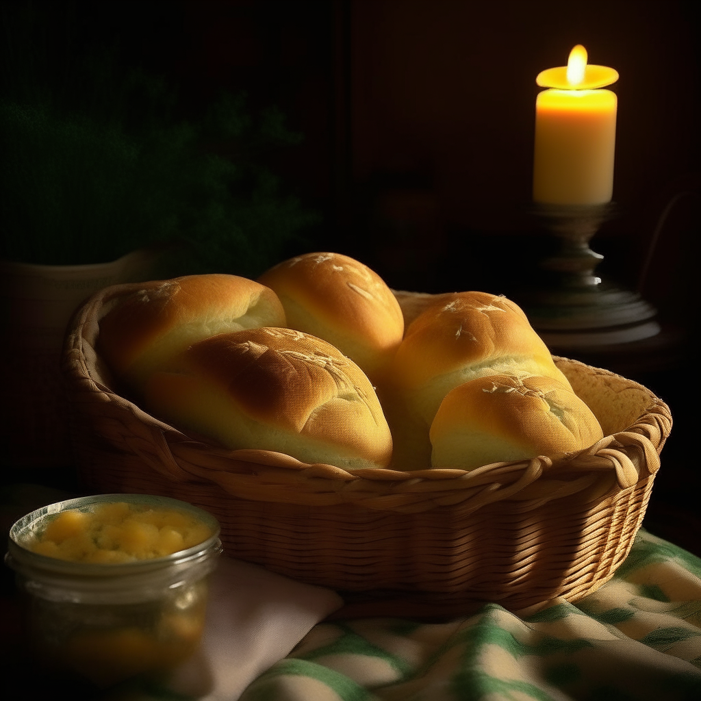 A cozy setting displays a basket of golden Garlic Herb Bread Rolls nestled on a checkered cloth, emitting a warm glow under soft, ambient lighting. Each roll boasts a crisp exterior, sprinkled with finely minced herbs and garlic pieces, while steam whispers from the soft, fluffy insides.