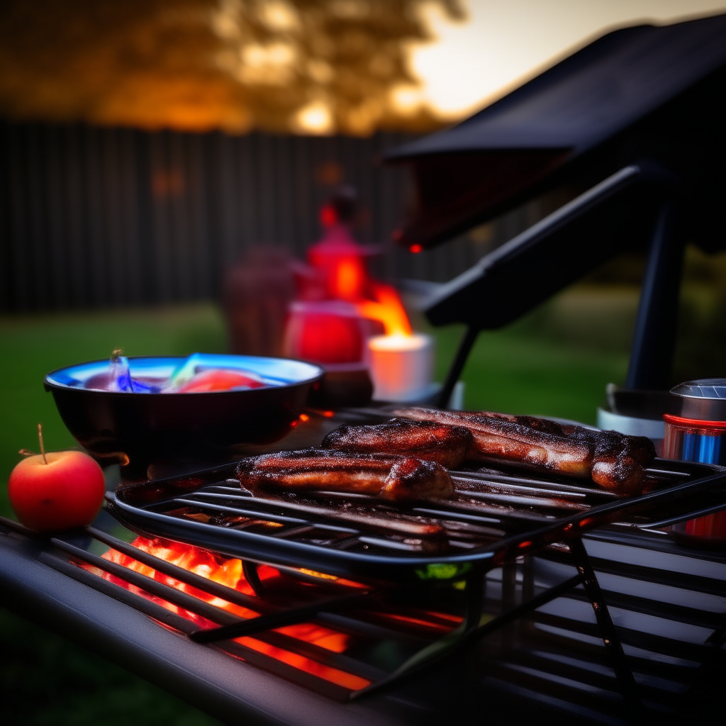 A vibrant and enticing image, perfectly capturing a warm, late afternoon BBQ setting. On a well-used, flaming grill sits a rack of glossy, succulent BBQ ribs, charred to perfection and basted with a shiny, sticky, and dark red BBQ sauce. Beside the grill, there is a bright, fresh bowl of apple slaw, with crisp green and red apple matchsticks, shredded purple cabbage, and chopped parsley, lightly dressed and tossed, providing a colorful and appetizing contrast to the rich ribs.