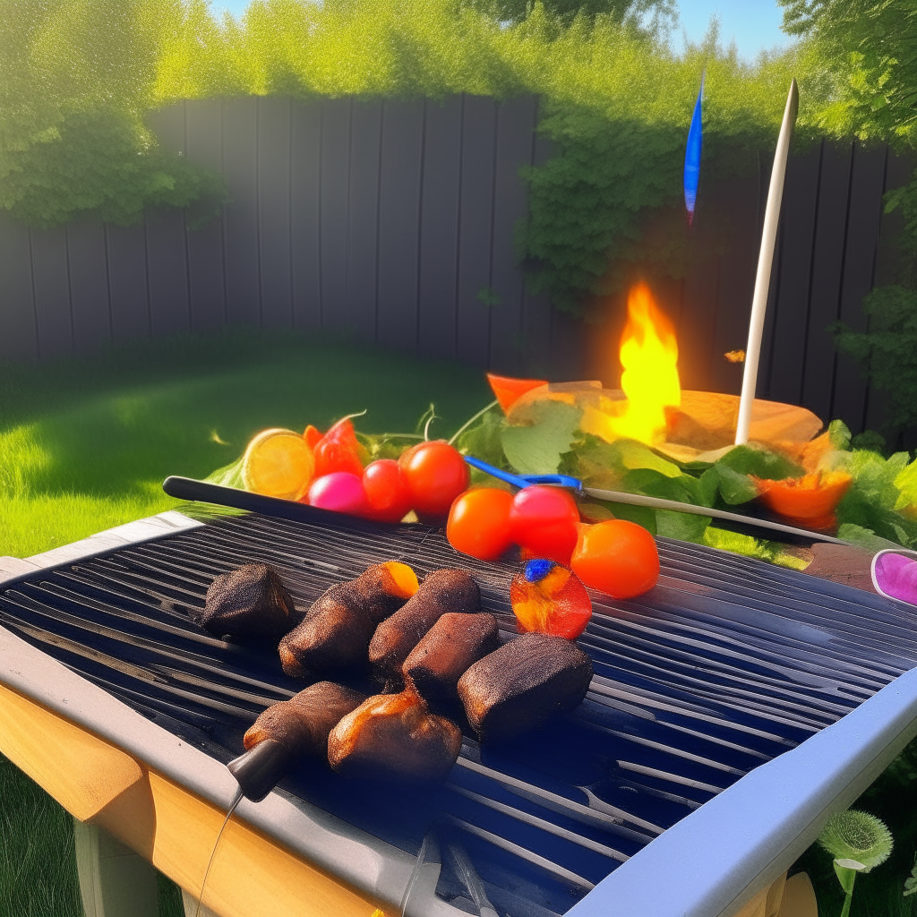 A sunlit backyard with a sizzling BBQ grill placed on the lush green grass. On the grill are vegetable kebabs, skewering vibrant bell peppers, zucchini, red onion, cherry tomatoes, and button mushrooms, all charred to perfection and glazed with a light olive oil and herb marinade. The sky above is clear and blue, and there's a laid-back, joyful atmosphere with soft laughter and clinking glasses heard in the background.