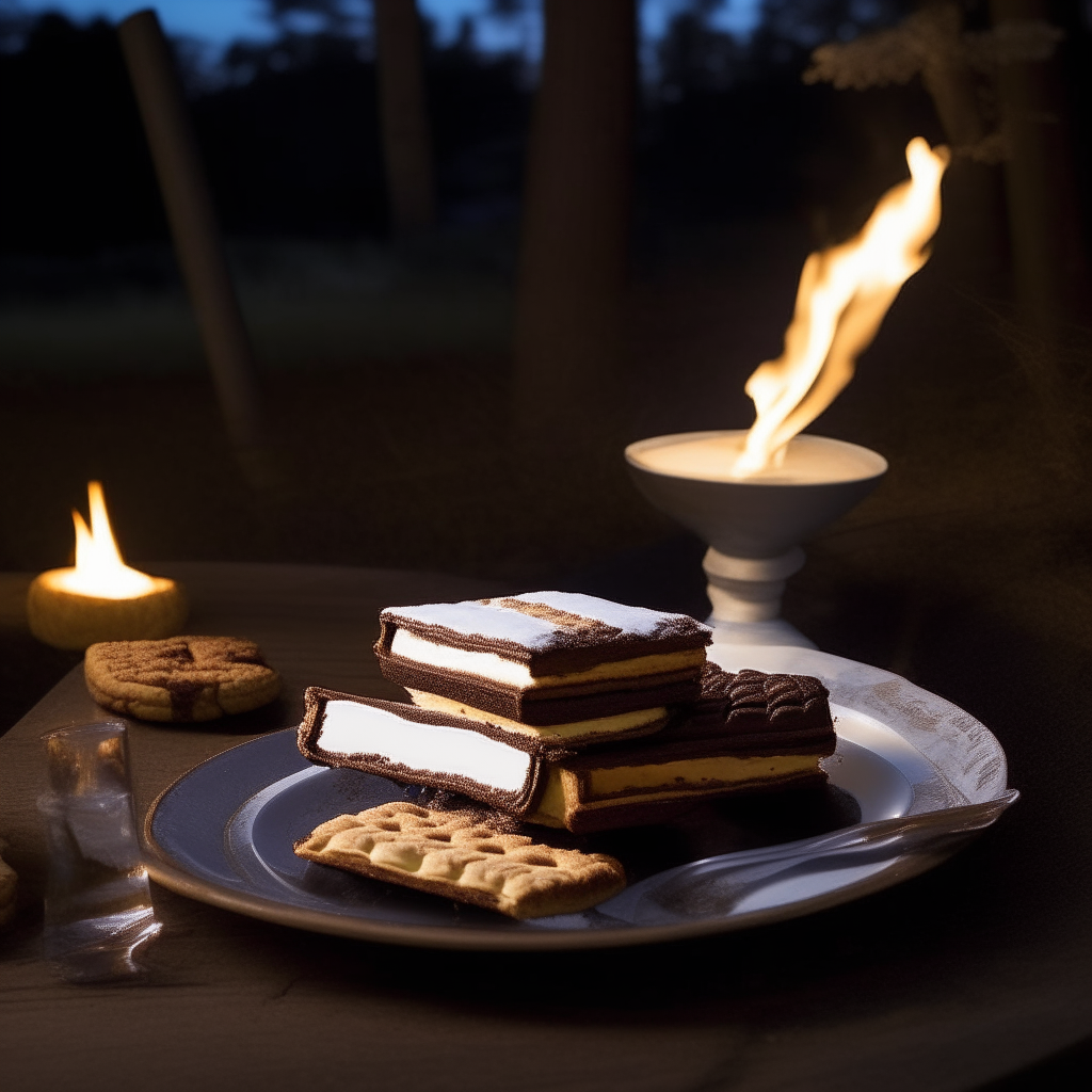 A comforting outdoor setting under the night sky, with a blazing bonfire nearby. A plate is visible in the foreground with classic s'mores arranged neatly. Each s'more consists of a layer of dark chocolate and a toasted marshmallow sandwiched between two golden-brown graham crackers. The gooey marshmallow slightly melts the dark chocolate, creating an irresistible, sweet treat that's synonymous with bonfire nights.