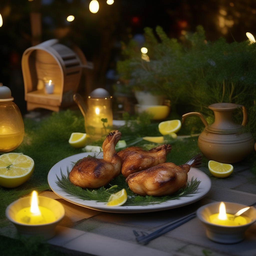 In the dim glow of evening, under a string of lights, a barbecue grill sizzles with lemon-herb marinated chicken thighs. The golden, crispy chicken is surrounded by wedges of fresh lemon and sprigs of herbs. The setting evokes a relaxed and warm atmosphere, with visible garden chairs and a laid-back outdoor setup waiting for guests to enjoy the feast.