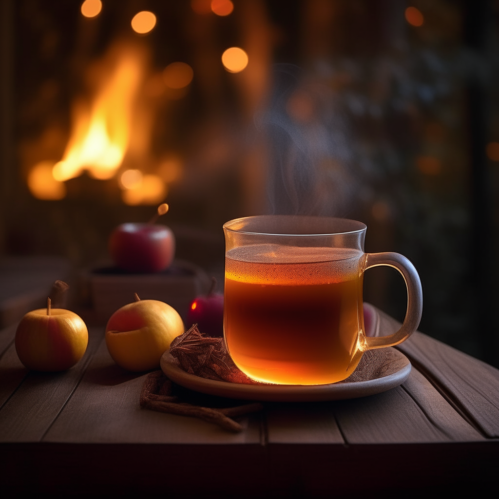 A rustic table is adorned with a steaming mug of Spiced Mulled Apple Cider, illuminated by the ambient glow of nearby bonfire flames and fairy lights draped in the background trees. The cider's steam swirls into the crisp night air, and we can see the floating spices and a cinnamon stick peeking out from the mug, radiating warmth and invitation for a comforting sip.