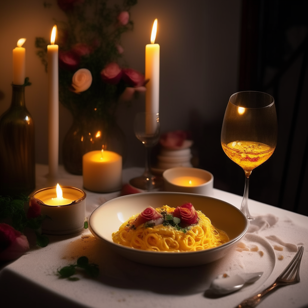 A romantic dinner setting with a candlelit table adorned with fresh roses. In the center, there's a large, shallow bowl filled with creamy, golden Risotto alla Milanese, garnished with a sprinkle of vibrant saffron threads and fresh parsley. The dish exudes a warm, inviting glow under the ambient lighting, providing an enticing focal point for this intimate Italian dining experience.