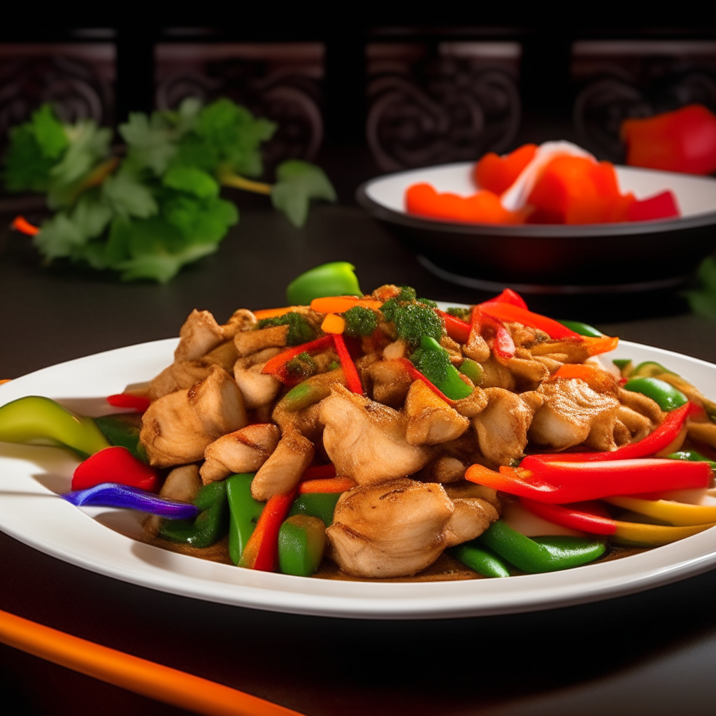 The table is adorned with vibrant, colorful Asian-inspired decor, including delicate silk lanterns casting a soft glow over the spread. A large serving of Thai Basil Chicken Stir-Fry sits front and center, bursting with colors from fresh red and green bell peppers, white onions, and holy basil leaves. The chicken is tender and golden, sautéed to perfection and coated with a glossy, flavorful sauce.