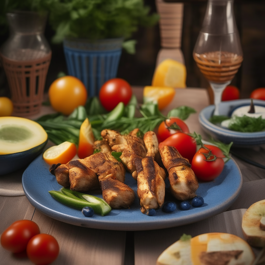 A rustic and cozy Mediterranean setup showcases a generous serving of Grilled Greek Chicken Souvlaki. The golden, char-grilled chicken skewers are complemented by vibrant slices of red tomatoes and green bell peppers. The backdrop features iconic Greek elements like olive branches and blue-white decor, creating an inviting ambiance reminiscent of a warm, breezy evening in Greece.