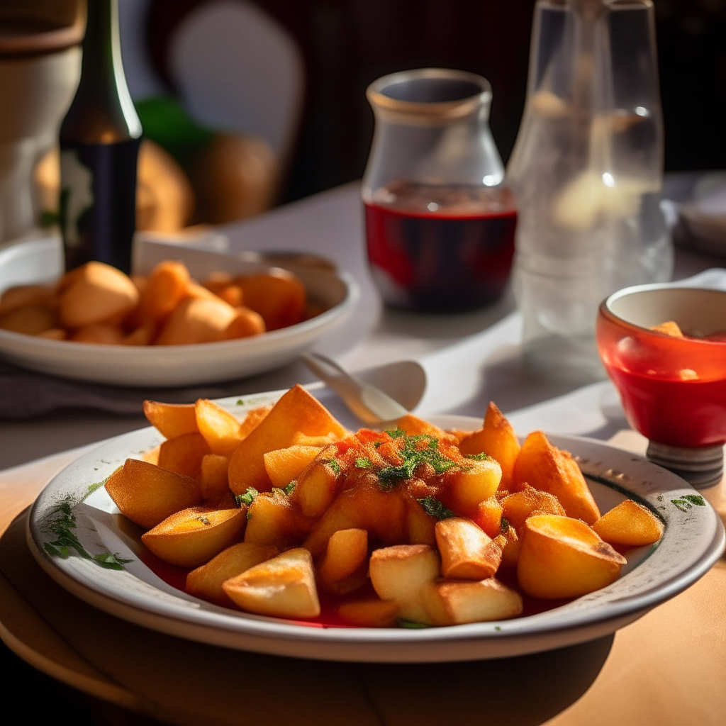 A sunlit, rustic Spanish table adorned with a dish of patatas bravas in the foreground. These crispy golden cubes of potatoes are drizzled with a vibrant, red bravas sauce and creamy aioli, with flecks of parsley for garnish. The dish sits among other Spanish tapas, a pitcher of sangria, olives, and some slices of crusty bread, all arranged on a traditional mosaic tile tabletop that echoes the warm, vivacious spirit of Spain.