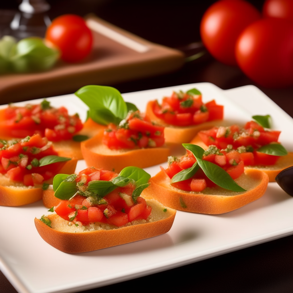 A vibrant display of mini bruschettas neatly arranged on a elegant, white platter. Each bruschetta is toasted to golden perfection, topped with a luscious mixture of bright red, diced tomatoes, fresh, green basil leaves, and finely minced garlic. A drizzle of extra-virgin olive oil adds a delightful sheen, enhancing the visual appeal for this celebratory occasion.