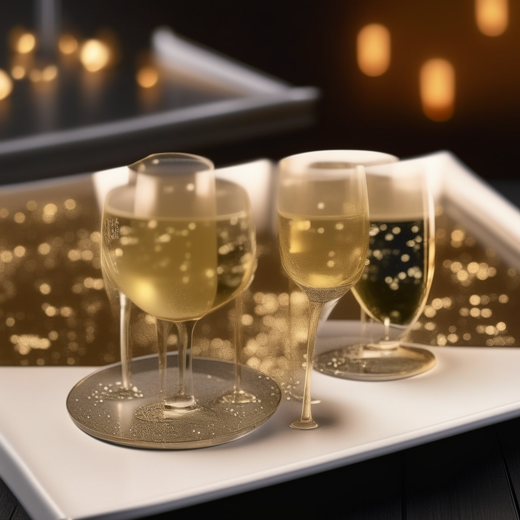 Picture this: two elegant glasses, each sparkling with a mix of Champagne and elderflower cocktail, situated on a sleek countertop with soft glowing lights in the background. The cocktails are effervescent, with tiny bubbles, and each glass is garnished with a small, delicate elderflower resting on the rim.