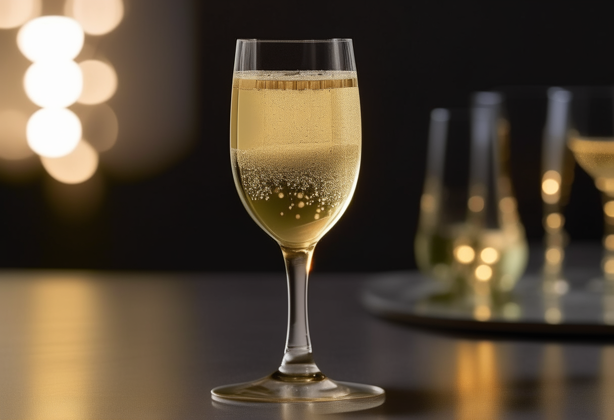 Picture this: two elegant glasses, each sparkling with a mix of Champagne and elderflower cocktail, situated on a sleek countertop with soft glowing lights in the background. The cocktails are effervescent, with tiny bubbles, and each glass is garnished with a small, delicate elderflower resting on the rim.