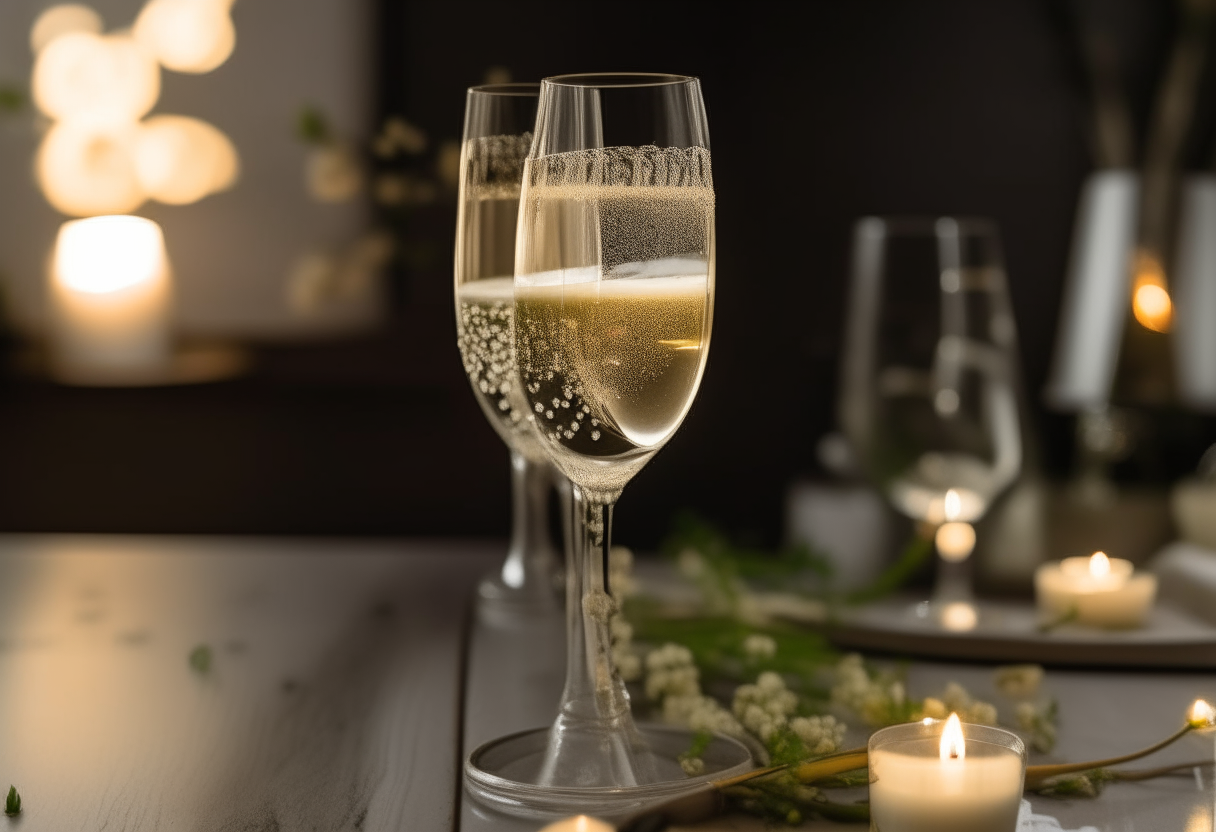 Two elegant champagne glasses on a countertop, with string lights, flowers and candles decorating the sides. The glasses contain an elderflower champagne cocktail with effervescent bubbles and an elderflower garnish.