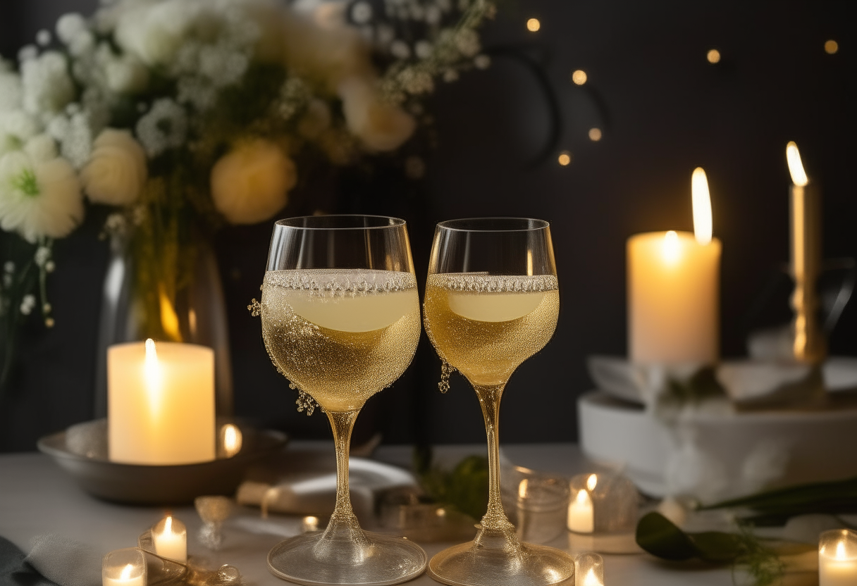 Two elegant champagne glasses containing an effervescent elderflower cocktail, decorated with string lights, flowers and candles on a countertop