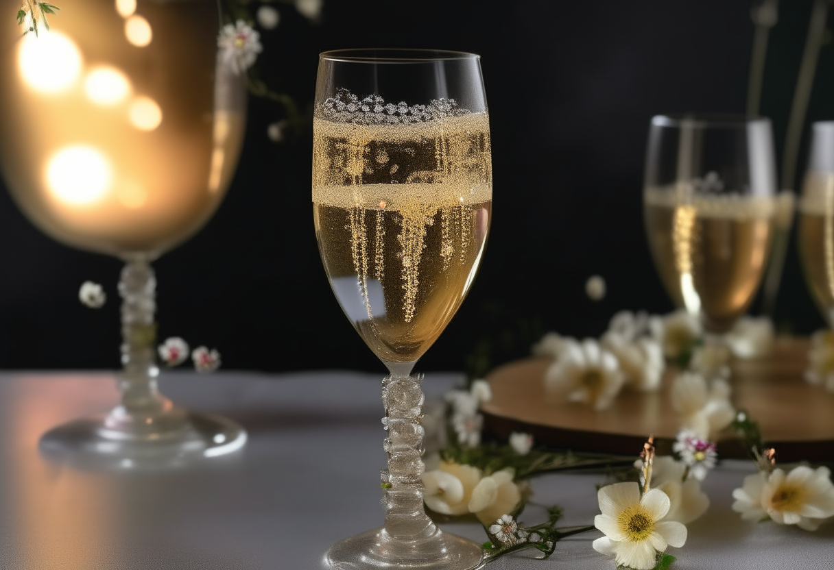 Two champagne glasses containing an elderflower cocktail, with string lights and flower decorations on the sides