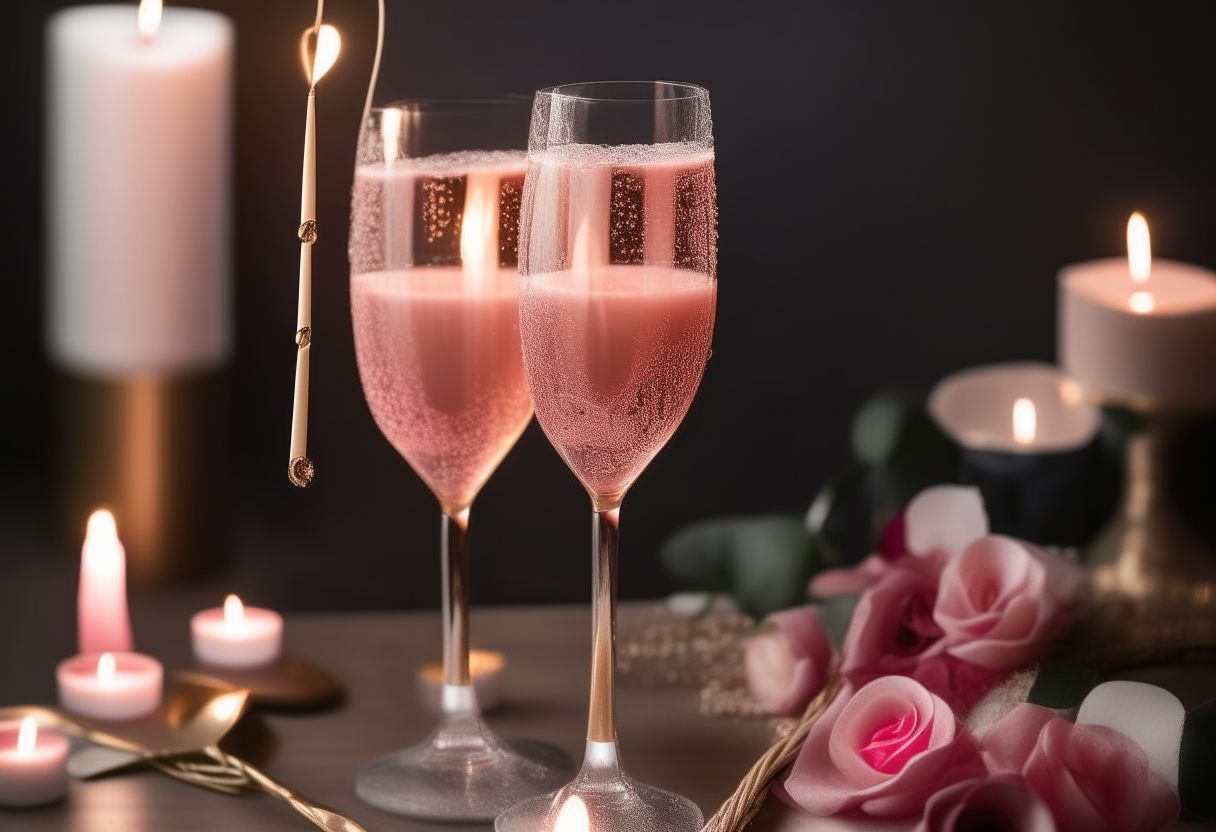 Two elegant flute glasses filled with a pink champagne elderflower cocktail, decorated with string lights, roses, and candles