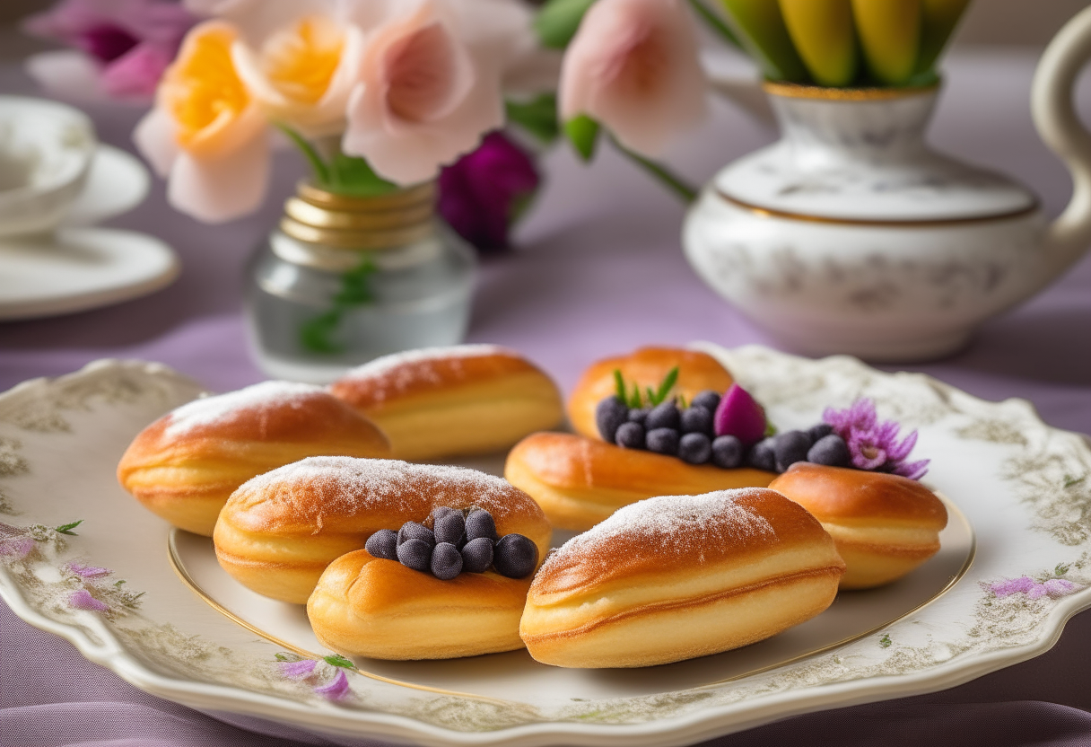 A plate of mini vanilla eclairs sits elegantly on a white porcelain plate, accompanied by fresh, colorful flowers in the background, symbolizing a cheerful and festive occasion. Each eclair is meticulously piped with luscious vanilla cream, with a delicate dust of powdered sugar on top, presenting an irresistible golden-brown treat that is both visually delightful and tantalizing to the taste buds.