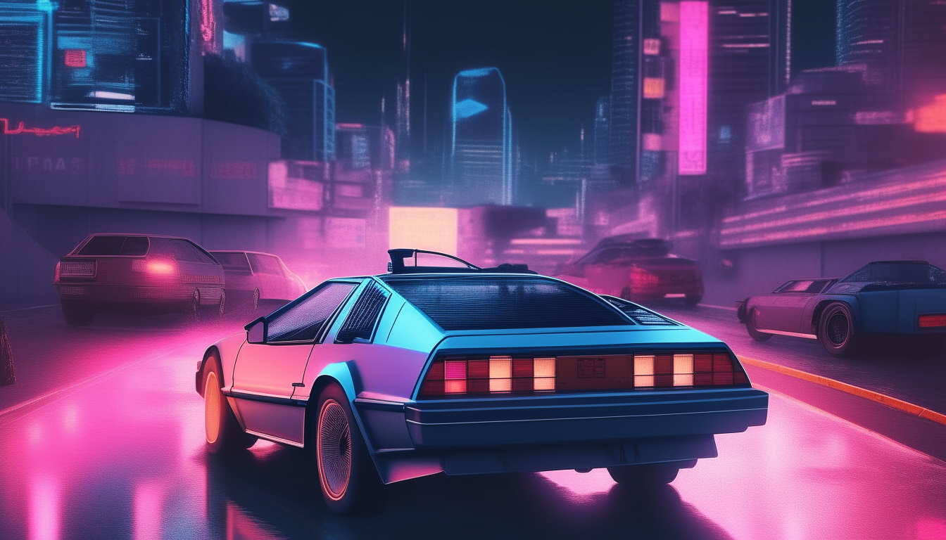 A DMC Delorean driving toward the camera, in the background a large busy 1980s city center with many cars on the road. It is night and the city lights glow in neon blue and pink colors.