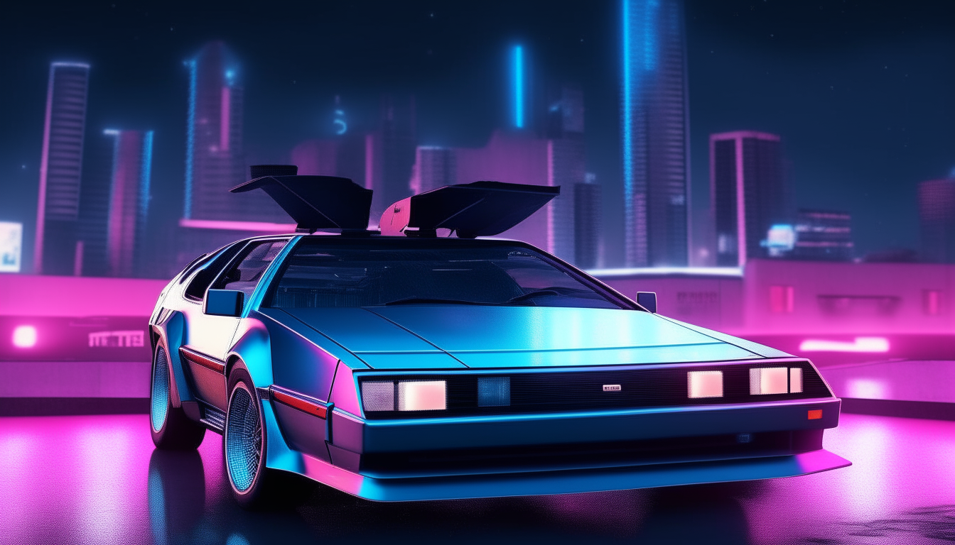 A front view of a DMC DeLorean with a large 1980s city center in the background at night, the city lights glowing in neon blue and pink colors.