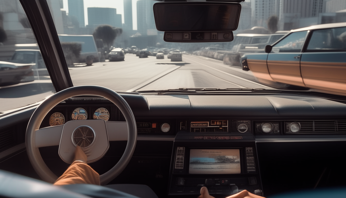 A view from inside a DMC DeLorean where a woman inserts a K7 tape into the radio and through the windshield it is possible to see the Los Angeles city center in the 1980s