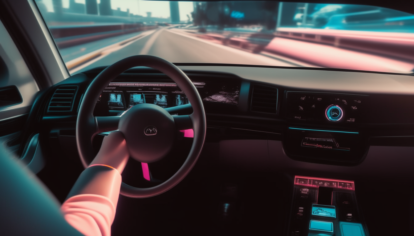 At night the dashboard of the car glows with neon blue and pink lights