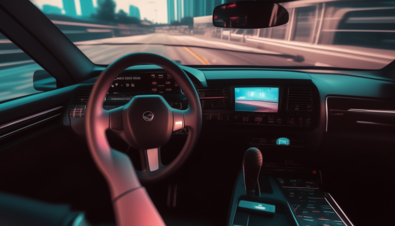 At night the dashboard of the car glows with neon blue and pink lights