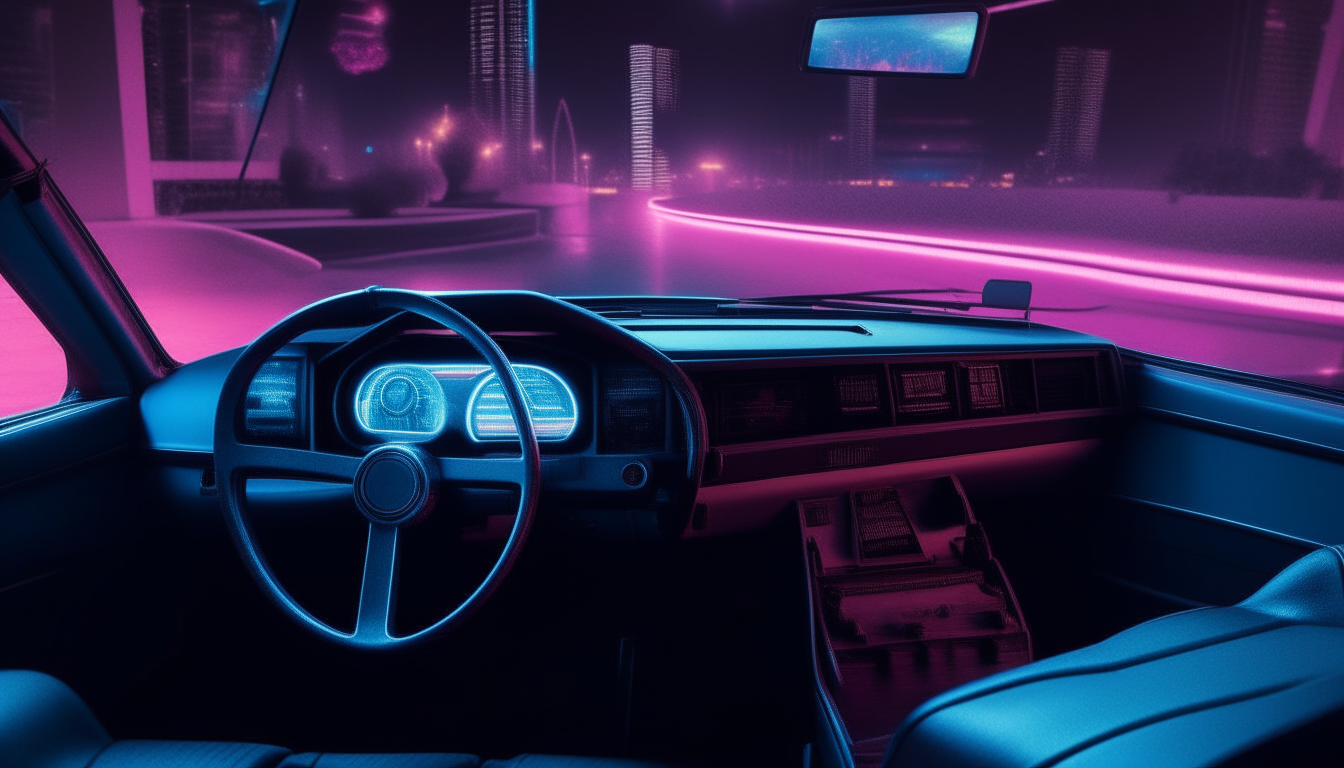 An interior view of a DeLorean at night in the 1980s, with the city glowing in neon blue and pink lights in the background
