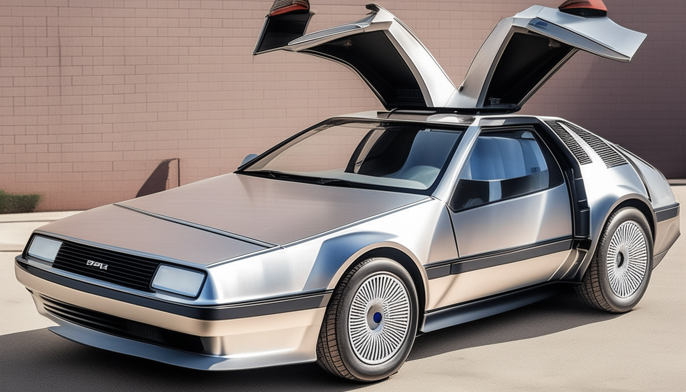 A silver DMC DeLorean with gullwing doors