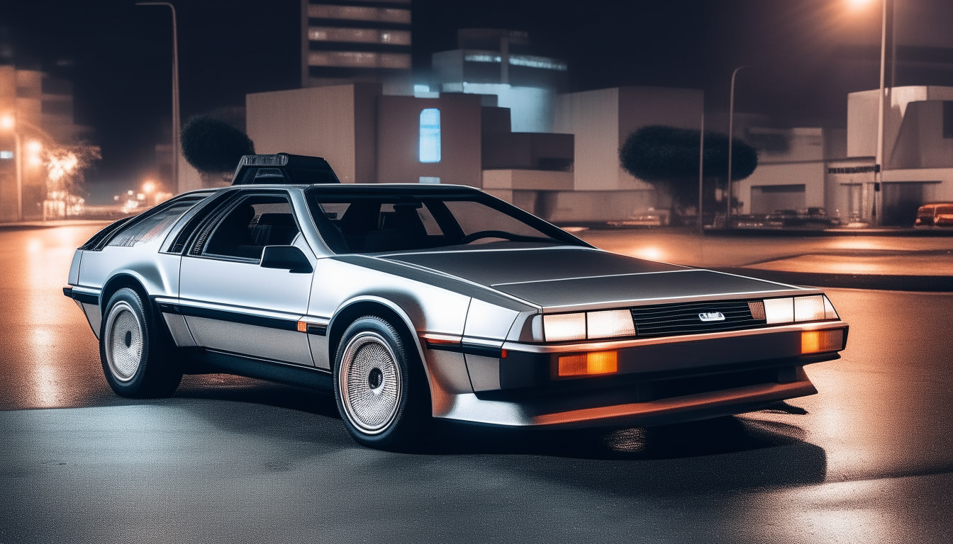 A silver DMC DeLorean parked at night with city lights glowing in the background
