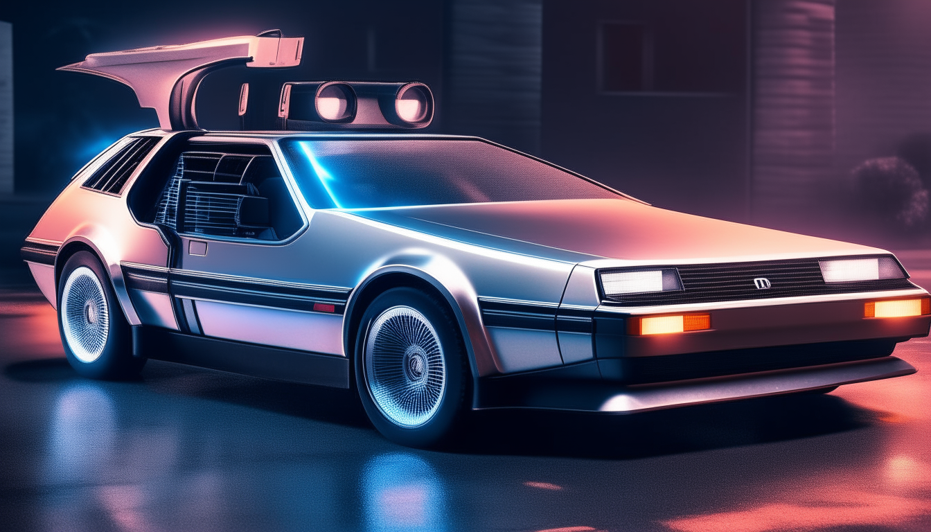 A silver DMC DeLorean at night with neon blue and pink lights glowing on the body and wheels