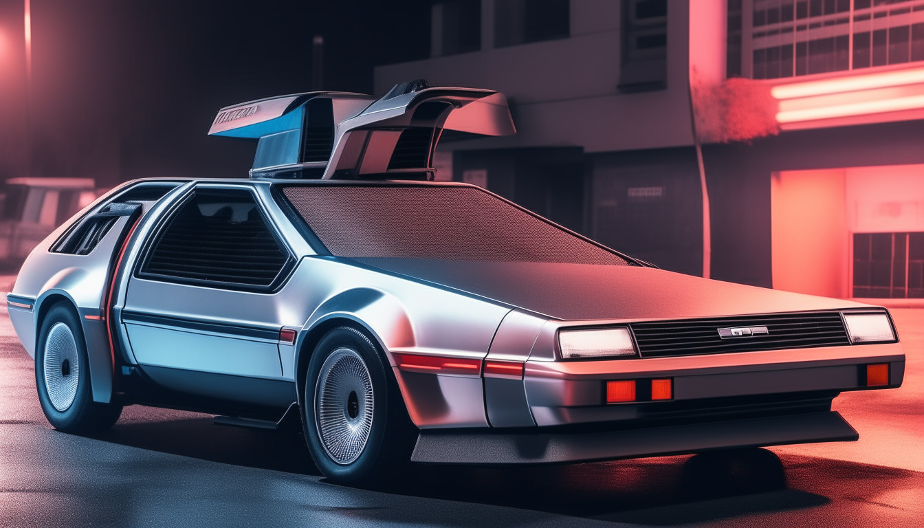 A silver DMC DeLorean parked on a street at night, with the body and wheels illuminated in neon blue and pink colors