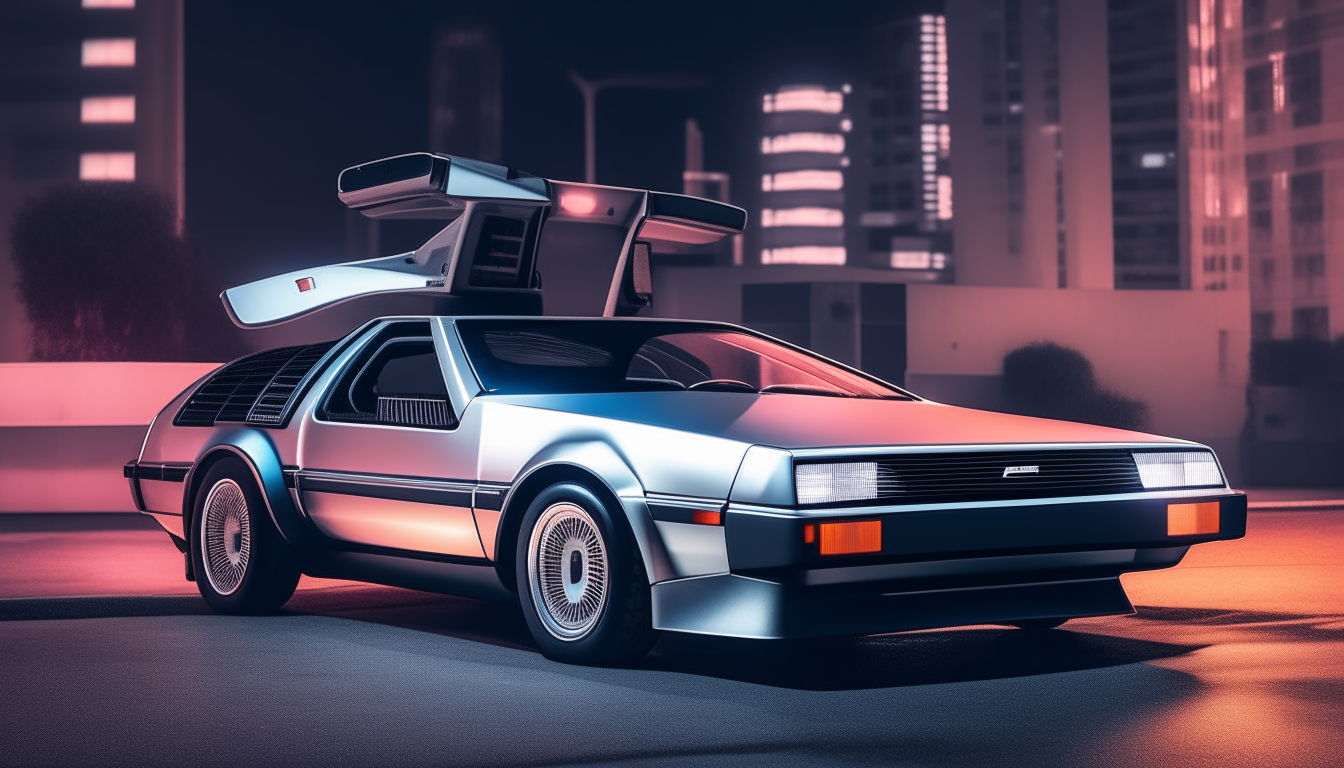 A silver DMC DeLorean parked at night in front of a downtown skyline, with neon signs glowing blue and pink in the background