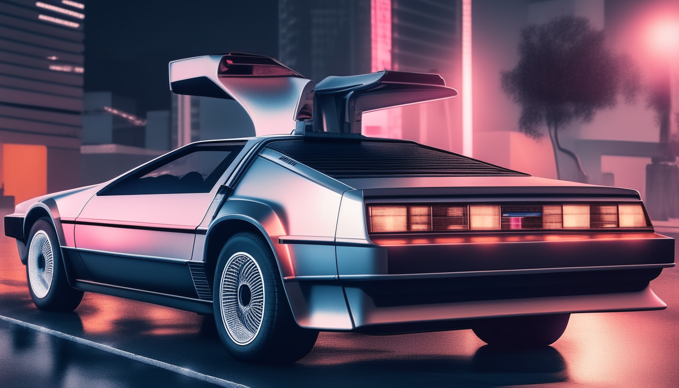 A silver DMC DeLorean driving down a neon-lit city street at night, with blue and pink signs glowing along the road