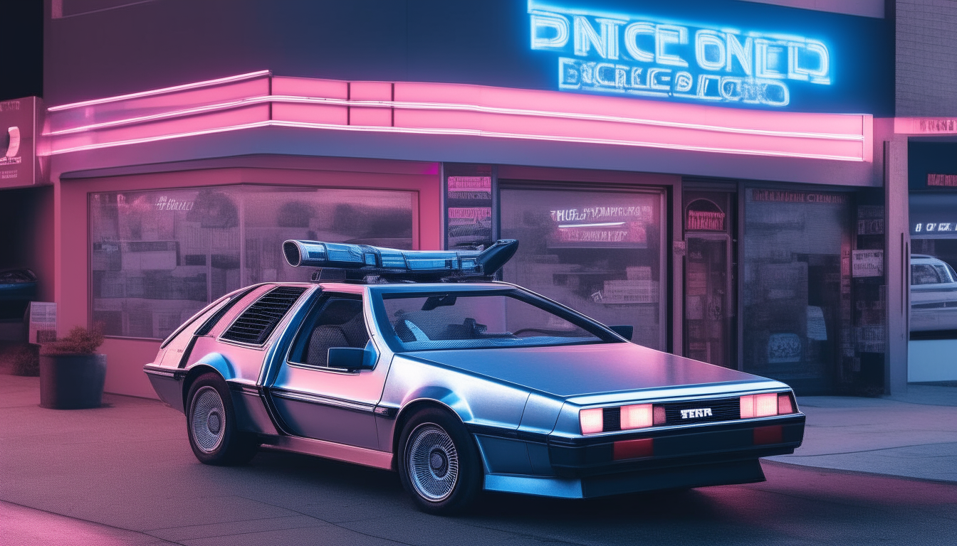 A silver DMC DeLorean parked outside a 1980s video rental store, with neon signs for the store glowing blue and pink in the window