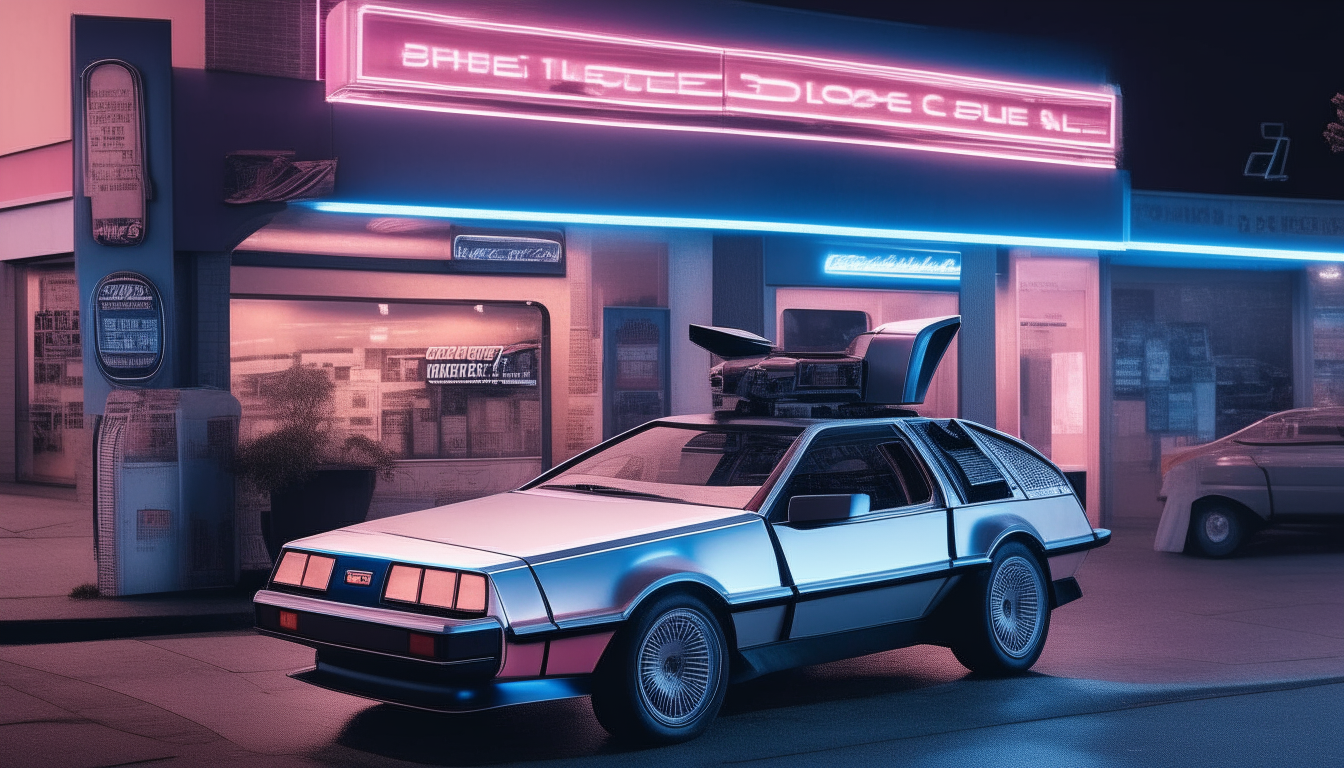 A silver DMC DeLorean at night in front of a 1980s video rental store, with blue and pink neon signs shining in the window