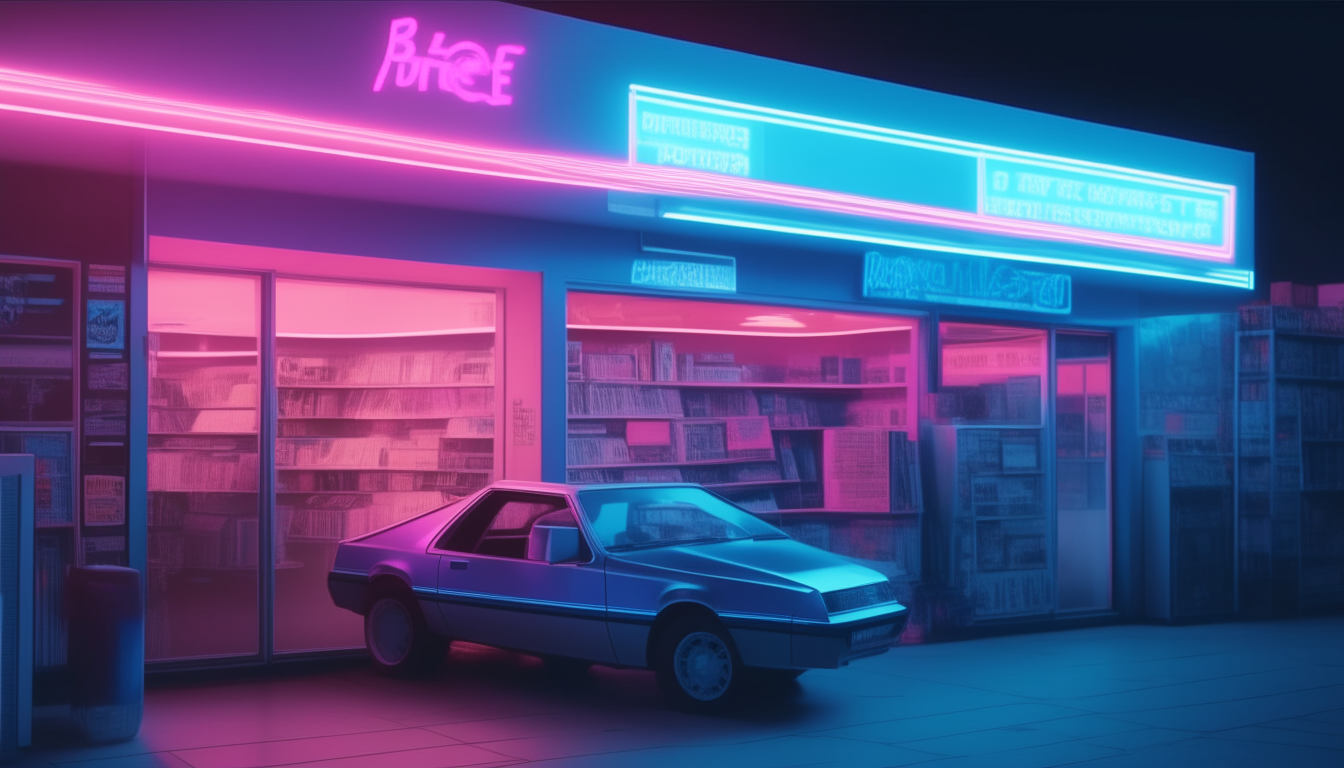 The interior of a 1980s video rental store at night, with a customer browsing tapes as blue and pink neon signs shine in the window in ultra-sharp 8K detail