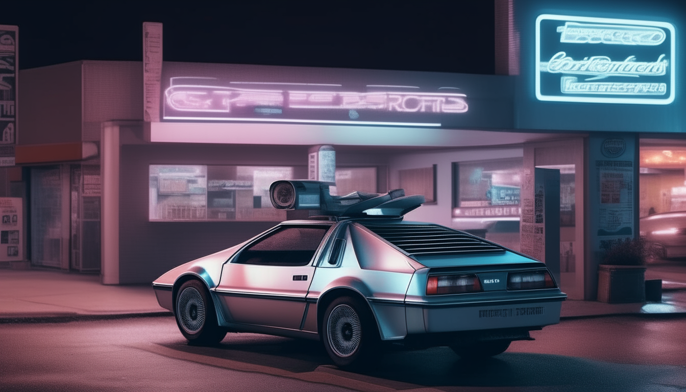 A silver DMC DeLorean parked outside a 1980s video rental store on a moonlit night, with neon signs for the store glowing brightly in ultra-high resolution 8K quality