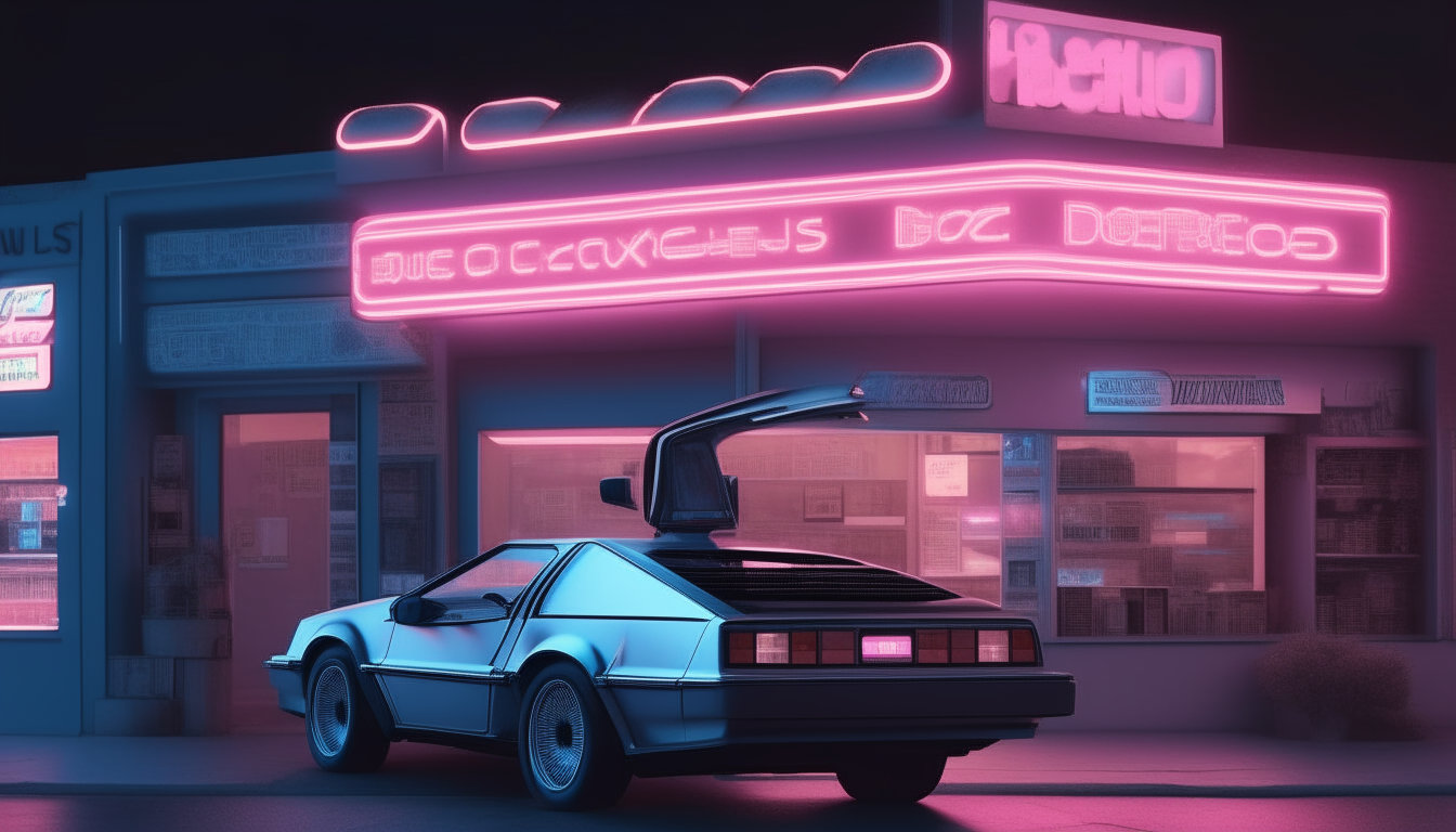 The exterior of a 1980s video rental store late at night, with a silver DMC DeLorean parked directly in front as blue and pink neon signs shine vividly in immersive 8K detail