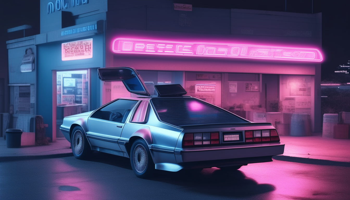 A silver DMC DeLorean parked at night outside a 1980s video rental store, with the building and car glowing vibrantly under neon blue and pink lights in ultra-high resolution 8K quality