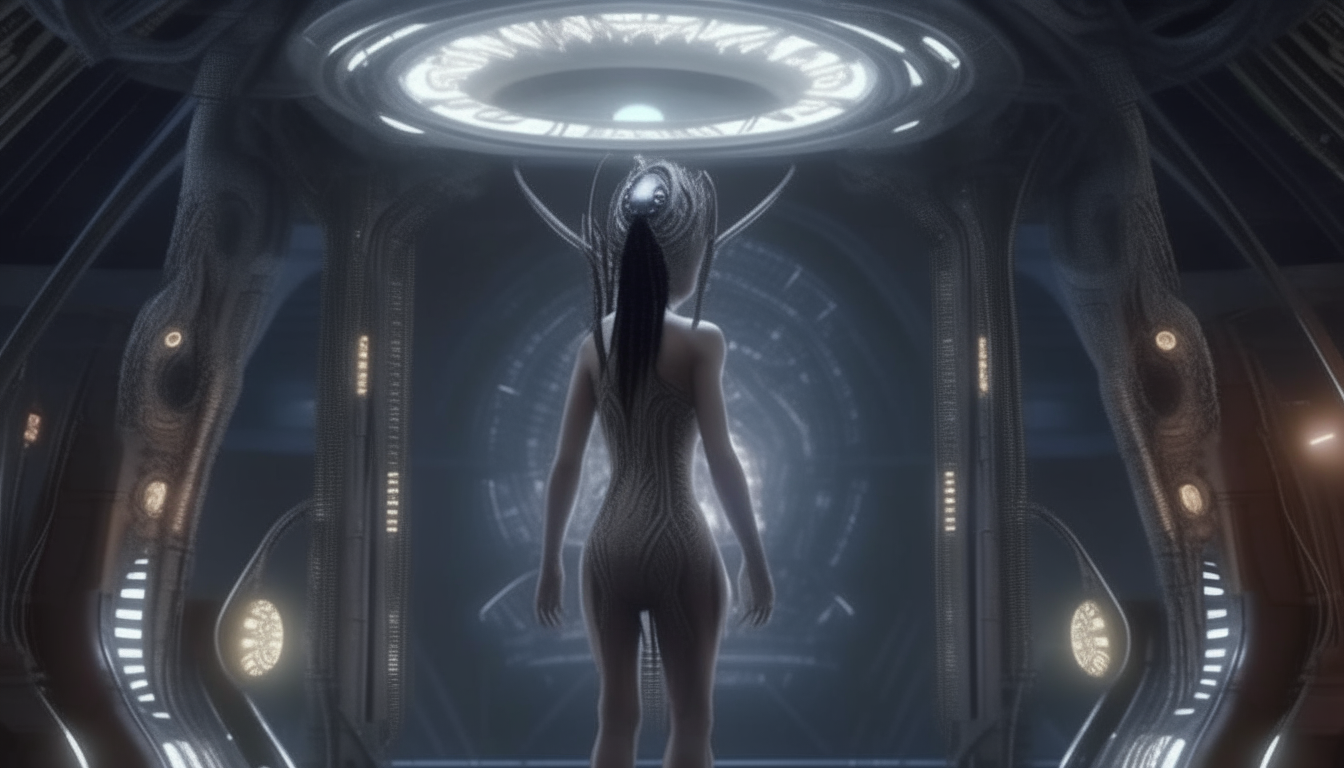 The beautiful Arcturian Goddess stepping into the teleportation machine inside the alien temple, super intricate details, 4K quality, H R Giger dark sci-fi fantasy style, 16:9 aspect ratio
