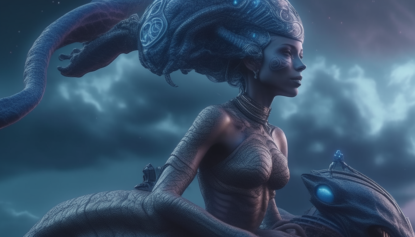 The beautiful Arcturian alien Goddess riding on the back of a biomechanical alien caterpiller through cosmic clouds, super intricate details, 4K quality, dark sci-fi fantasy style, 16:9 aspect ratio