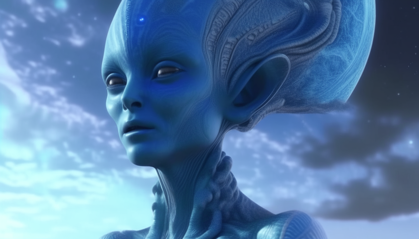 The beautiful Arcturian alien with her blue alien skin reflecting the little fluffy clouds of the cosmos, super intricate details, 4K quality, dark sci-fi fantasy style, 16:9 aspect ratio