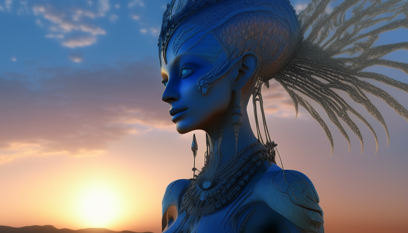 The beautiful Arcturian alien Goddess with her blue skin contrasting perfectly with the sunsetting sky with little fluffy clouds stretching into the distance on the alien landscape with biomechanical plant life, super intricate details, 4K quality, dark sci-fi fantasy style, 16:9 aspect ratio