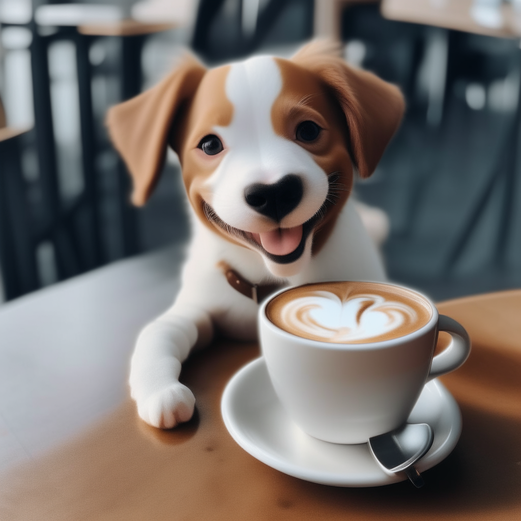 a happy puppy drinking a latte with heart-shaped foam art in a cup on a table